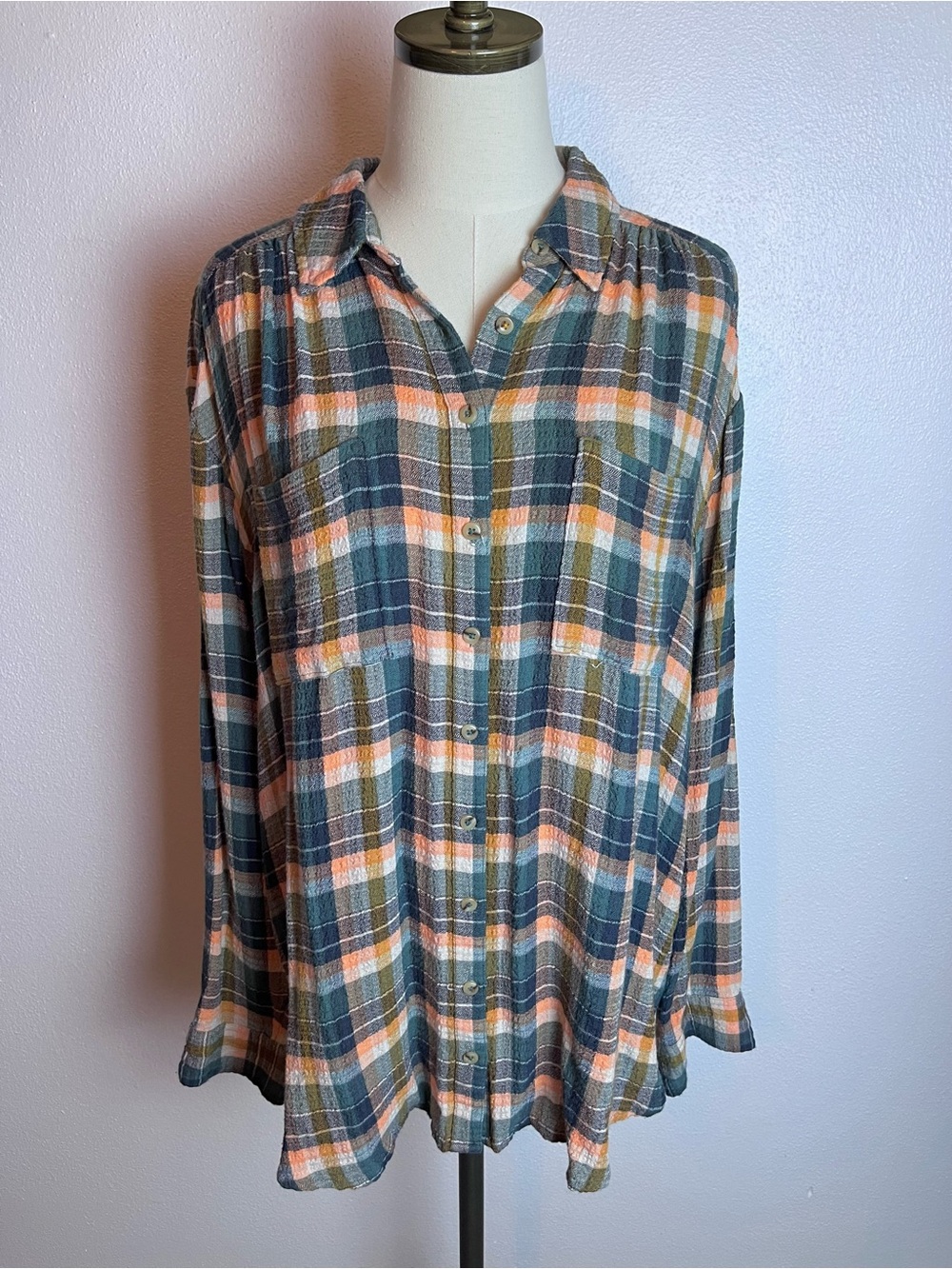 Pilcro - Anthropologie Plaid Button-Front Flannel Shirt - Green & Orange
